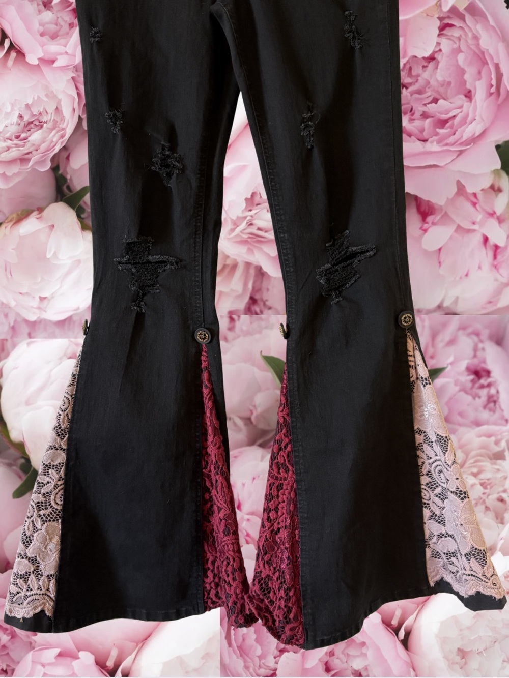 DKNY Stretch Denim Flare Jeans w/ Lace & Button Details